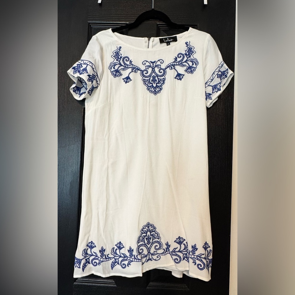Lulu's Tale to Tell White Shift Mini Dress with Blue Embroidery